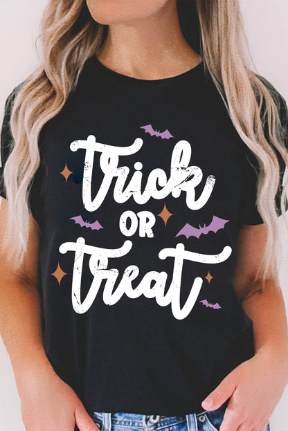 Trick Or Treat Bat Print Crew Neck Halloween T Shirt | Black