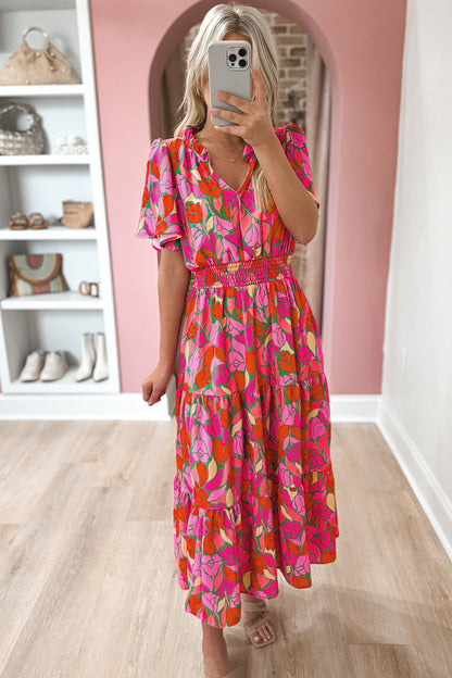 Floral Short Sleeve Smocked Waist Maxi Dress | Rose