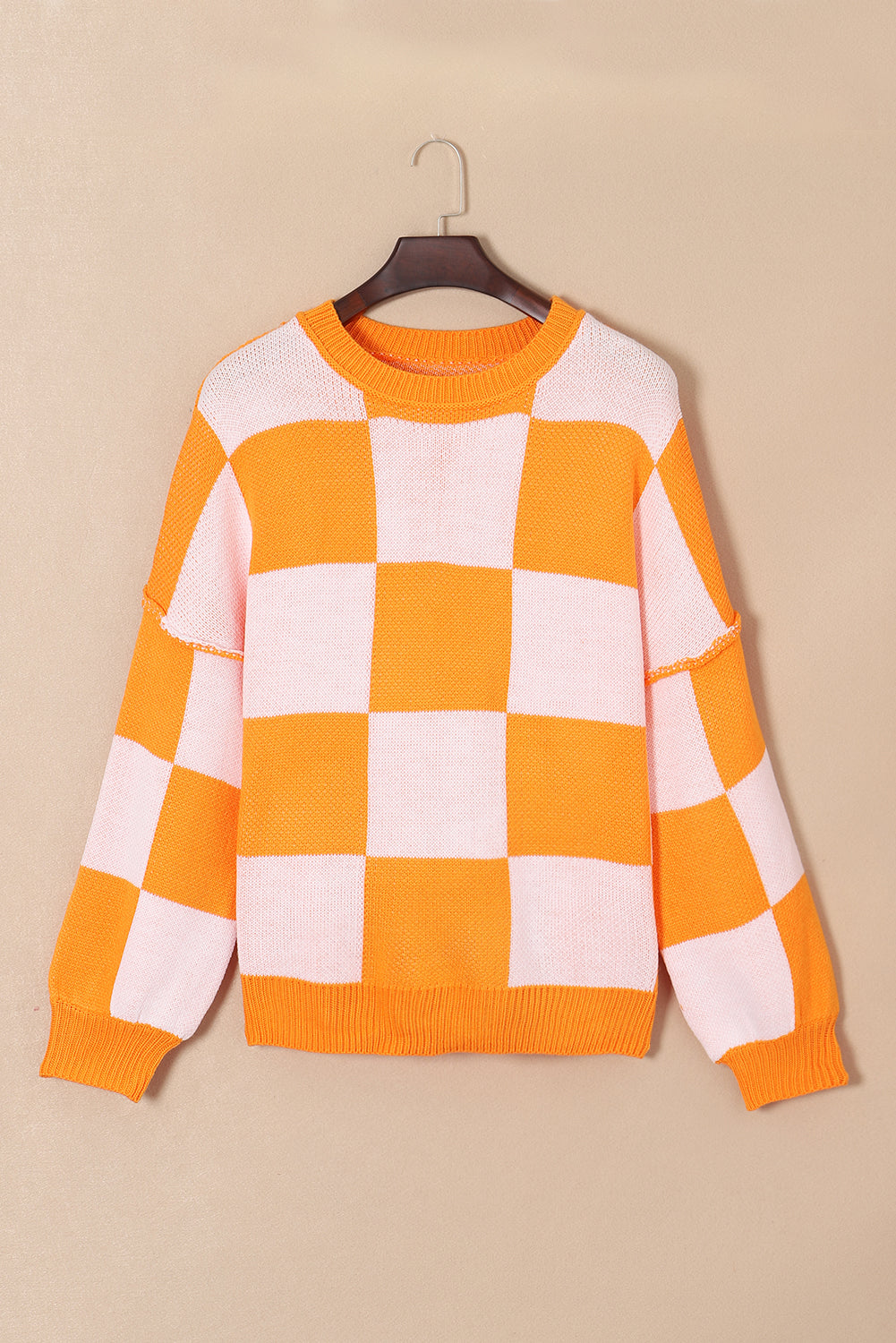 Orange Checkered Bishop Sleeve Sweater | Grapefruit Orange