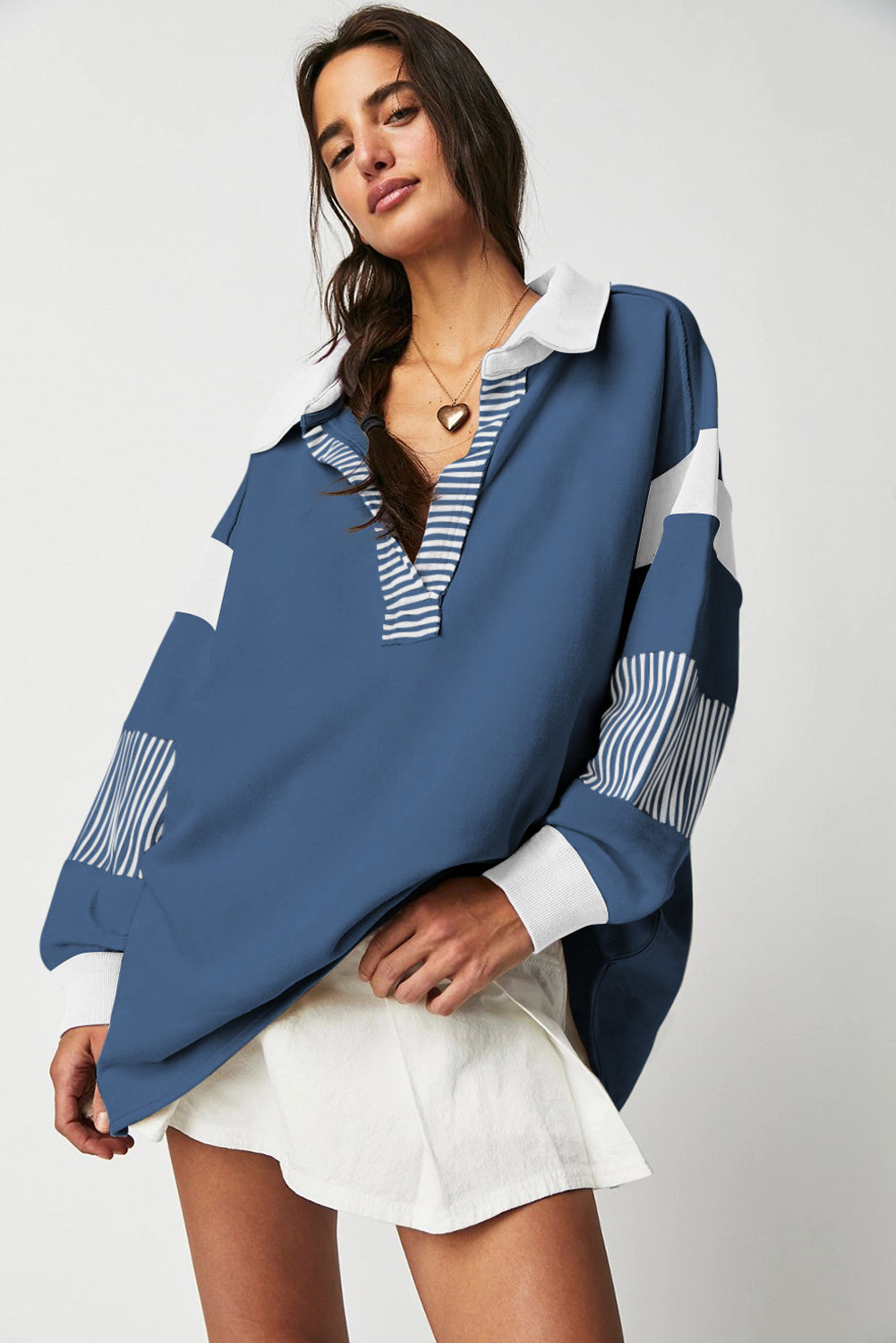 Striped Colourblock Patchwork Collar Sweatshirt | Sail Blue