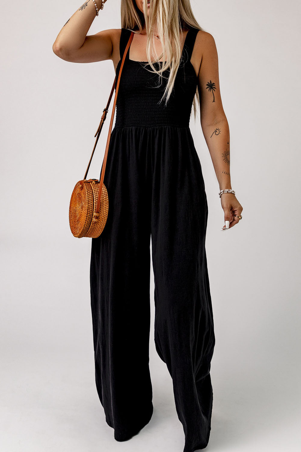 Smocked Sleeveless Wide Leg Jumpsuit With Pockets | Black