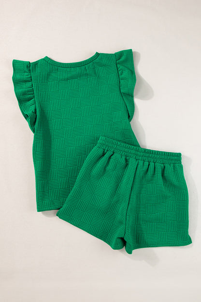 Textured Ruffled Sleeve Tee And Drawstring Shorts Set | Bright Green