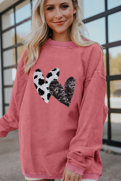 Leopard Sequin Heart Graphic Corded Sweatshirt | Strawberry Pink