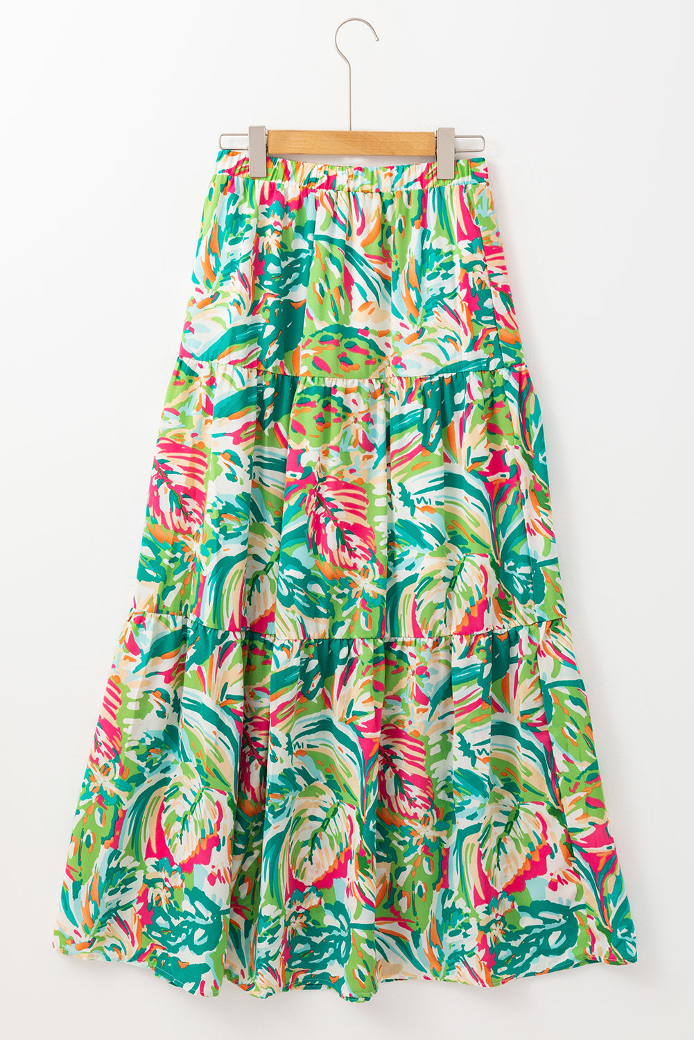 Abstract Printed High Waist Tiered Maxi Skirt | Green