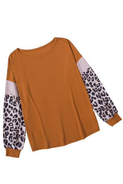 Leopard Sequin Patchwork Long Sleeve Top | Brown