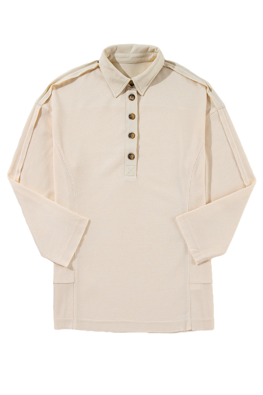 Waffle Long Sleeve Collar Half Button Loose Top | Jet Stream