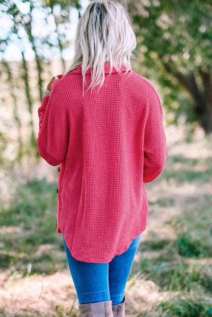 Waffle Knit Button Up Casual Shirt | Pink