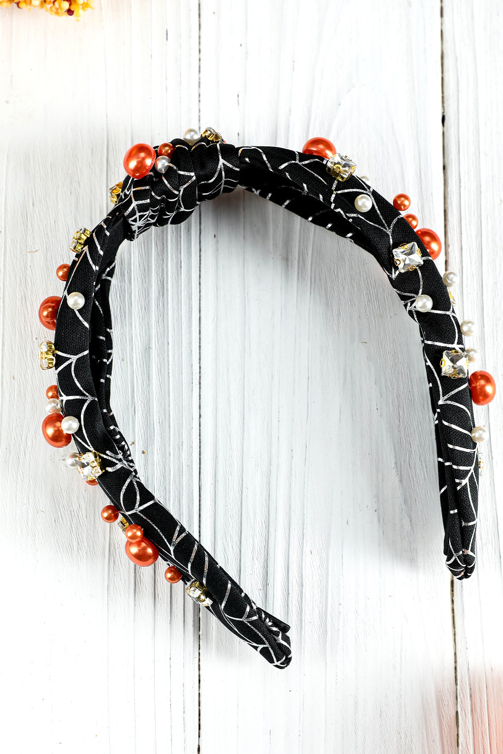 Pearled Rhinestone Knotted Spiderweb Halloween Headband | Black