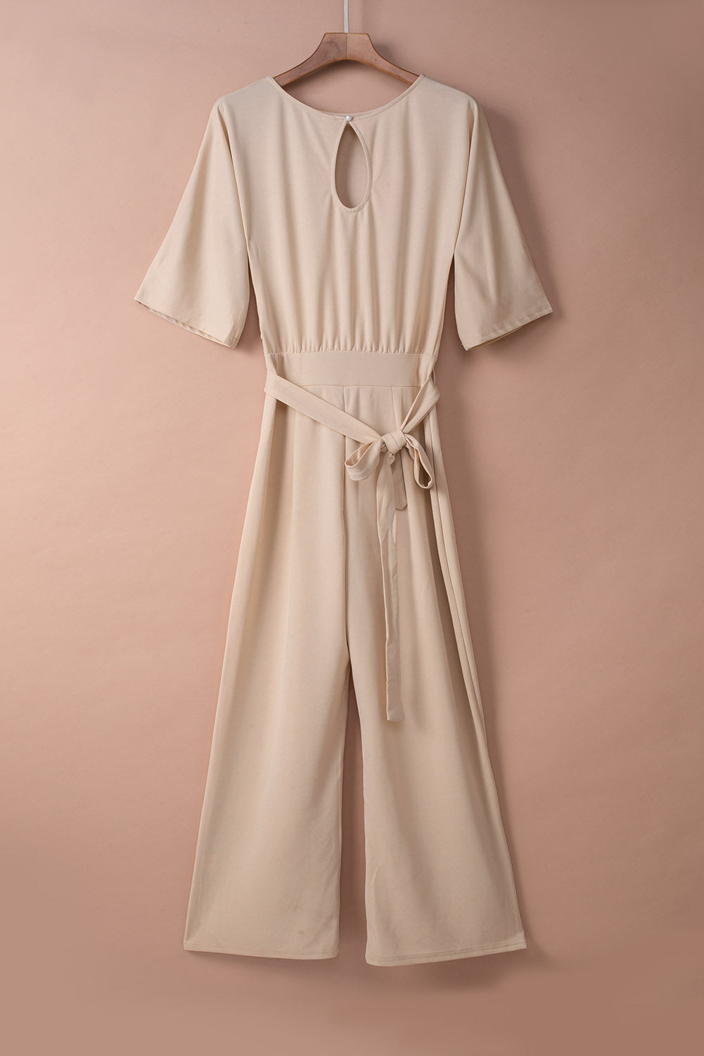 Bracelet Sleeve Waist Tie Wide Leg Jumpsuit | Apricot