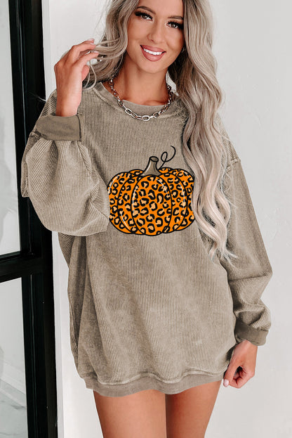 Halloween Leopard Pumpkin Graphic Corded Sweatshirt | Khaki