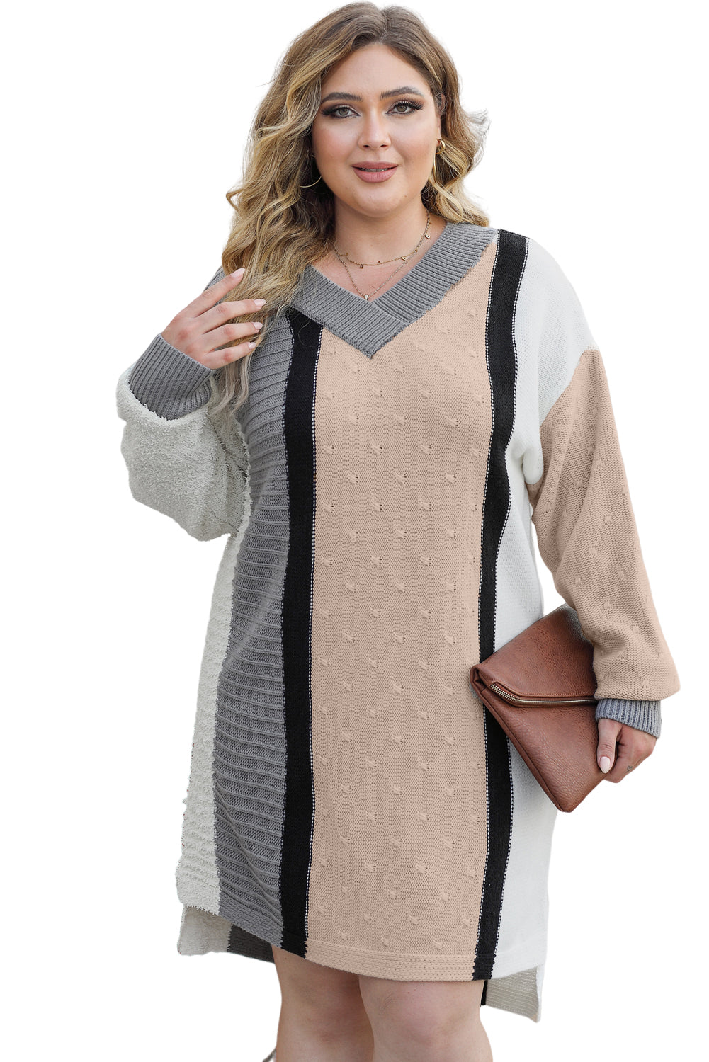 Mixed Boucl Colour Block Plus Size Sweater Dress | Apricot