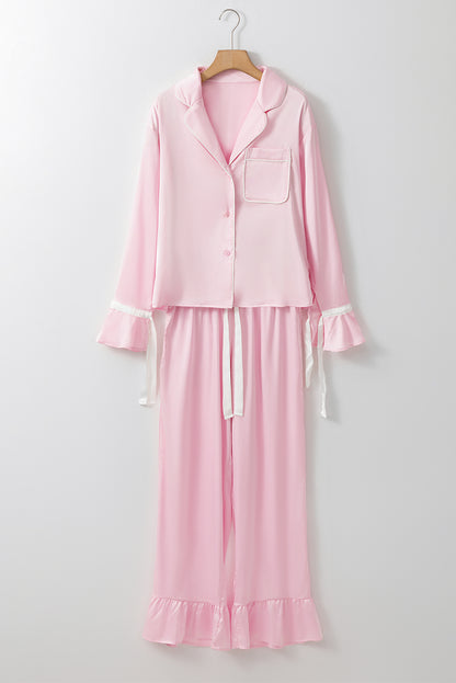 Satin Knot Accent Shirt And Ruffled Pants Lounge Set | Light Pink