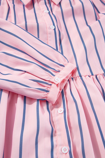 Ruffled Hem Button-Up Collared Shirt Mini Dress | Pink Stripe