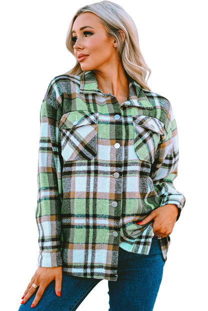 Geometric Plaid Print Pocketed Shacket | Green