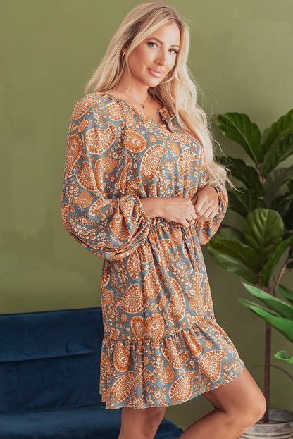 Paisley Print Loose Fit Drawstring High Waist Mini Dress | Orange