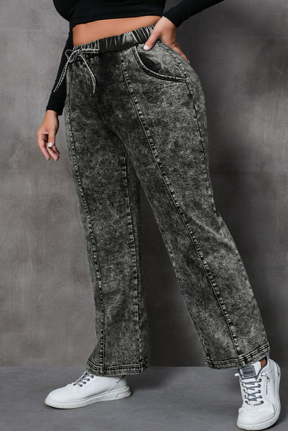 Plus Size Tie Dye Drawstring Splicing Wide Leg Jeans | Black