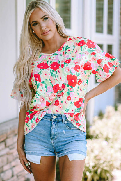 Fiery  Floral Print Ruffled Short Sleeve V Neck Blouse | Red