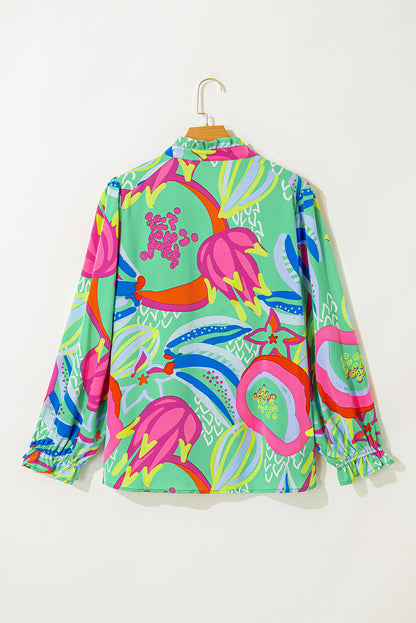 Abstract Printed Flounce Sleeve V Neck Buttoned Plus Size Blouse | Green