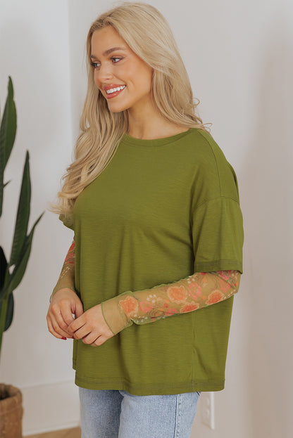 Faux Two Piece Floral Long Sleeve Patchwork Tee | Fern Green