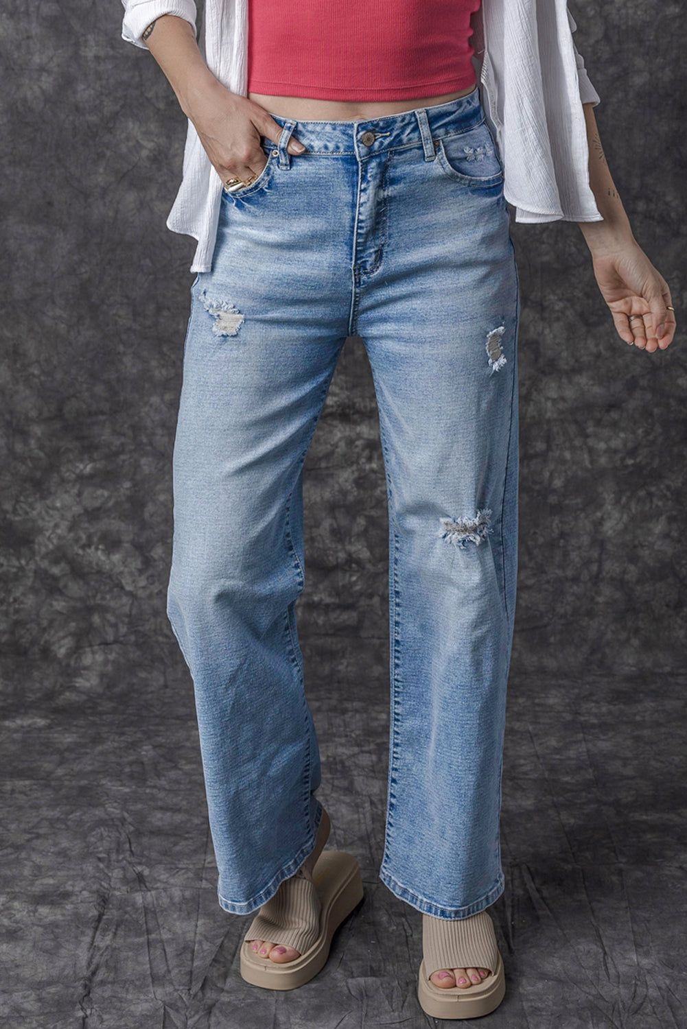 High Rise Distressed Straight Leg Jeans | Light Blue