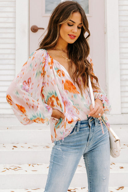 Abstract Print Split Neck Puff Sleeve Blouse | Multicolour