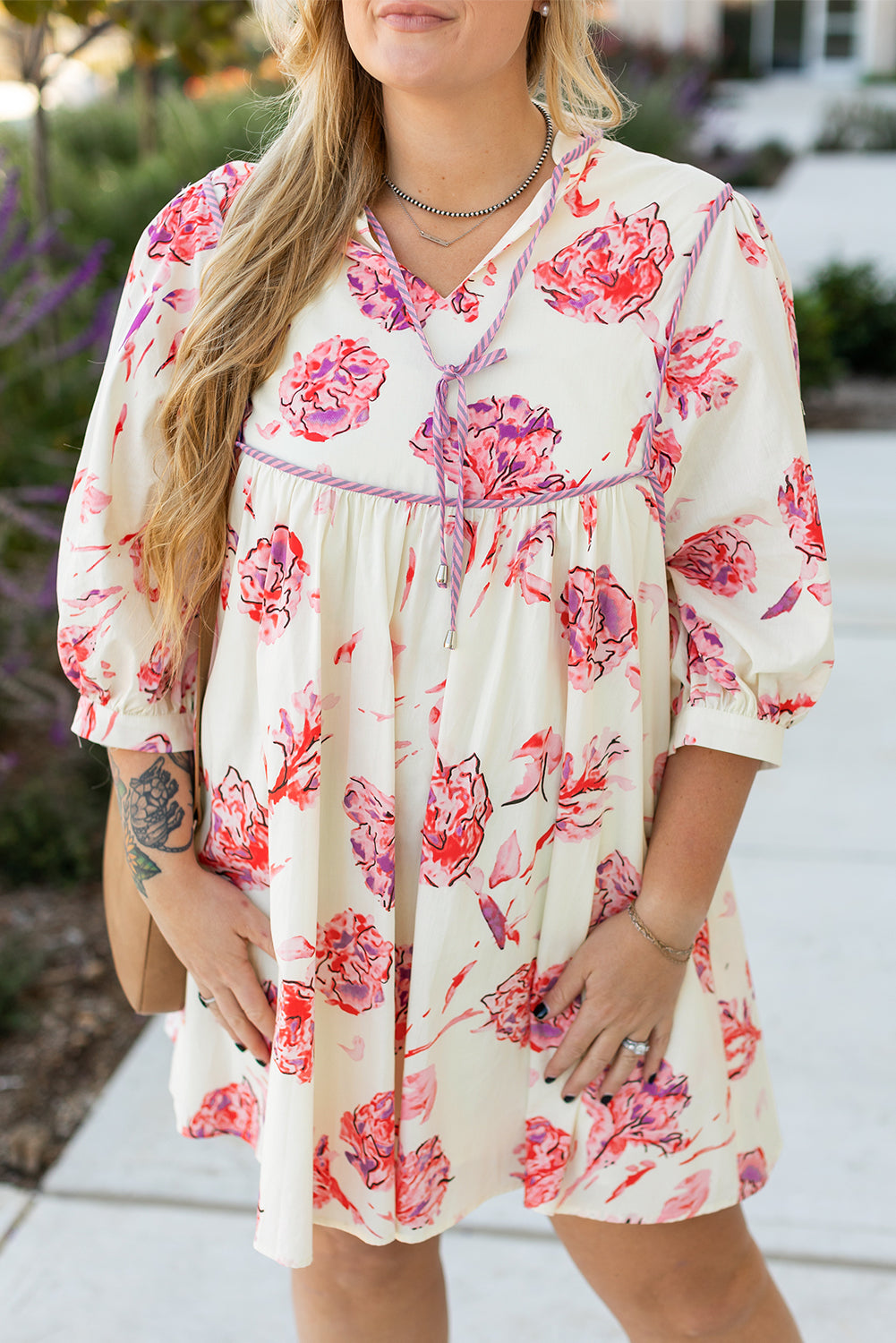 Floral Print Lace Up V Neck Balloon Sleeve Plus Size Shift Mini Dress | White