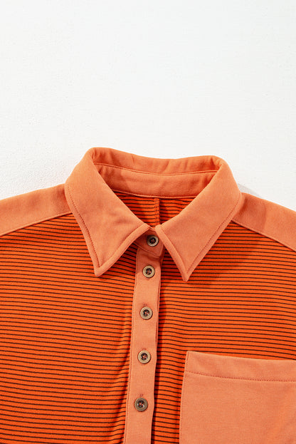 Exposed Seam Henley Turn-Down Neck Puff Sleeve Sweatshirt | Orange Stripe