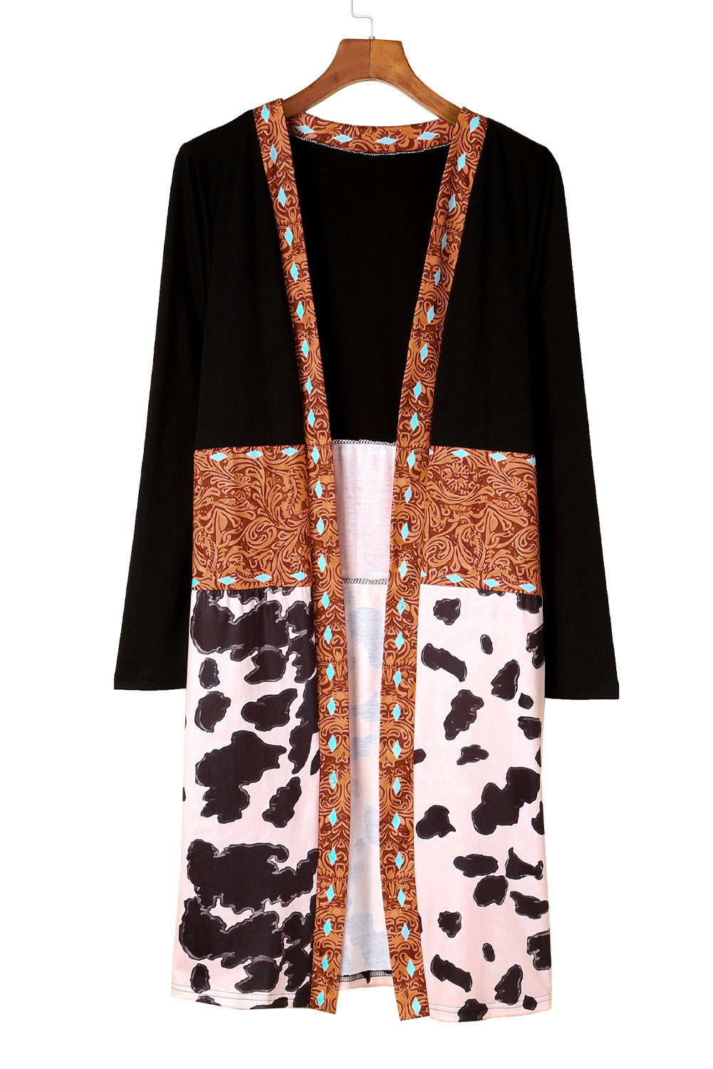 Western Pattern Cow Patchwork Open Front Cardigan | Black