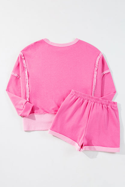 High Low Patchwork Long Sleeve Top And Shorts Set | Sachet Pink