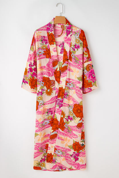 Floral Allover Print Open Front Belted Duster Kimono | Pink