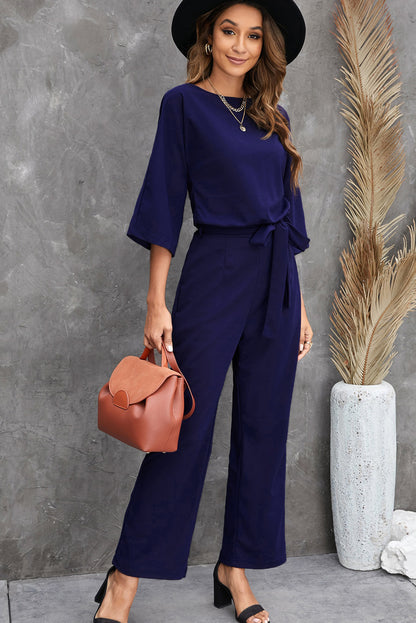 Bracelet Sleeve Waist Tie Wide Leg Jumpsuit | Blue