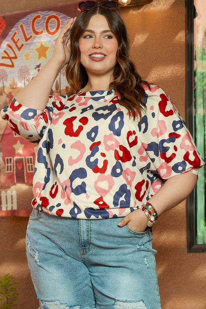 Colourful Leopard Print Batwing Sleeve Plus Blouse | White