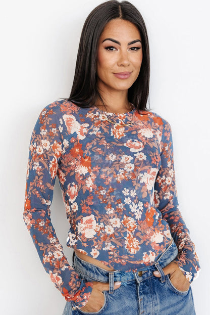 Floral Print Mesh Fitted Long Sleeve Top | Orchid Petal