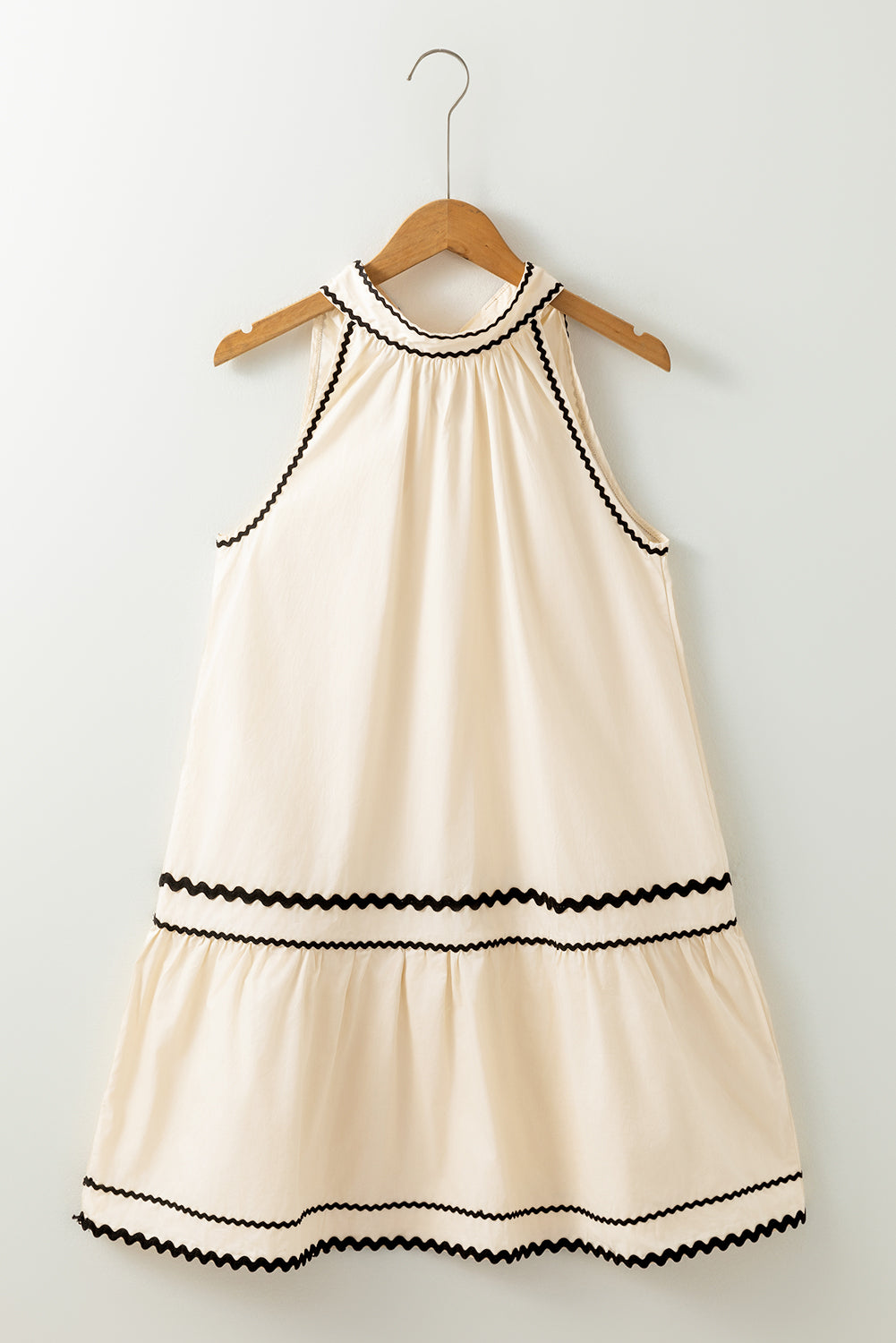 Ric Rac Trim Halter A-Line Sleeveless Mini Dress | Khaki Stripe