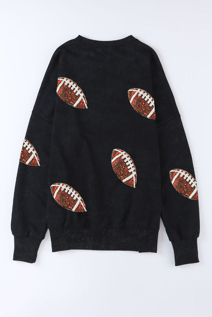 Rugby Football Print Side Split Loose Fit Sweatshirt | Black