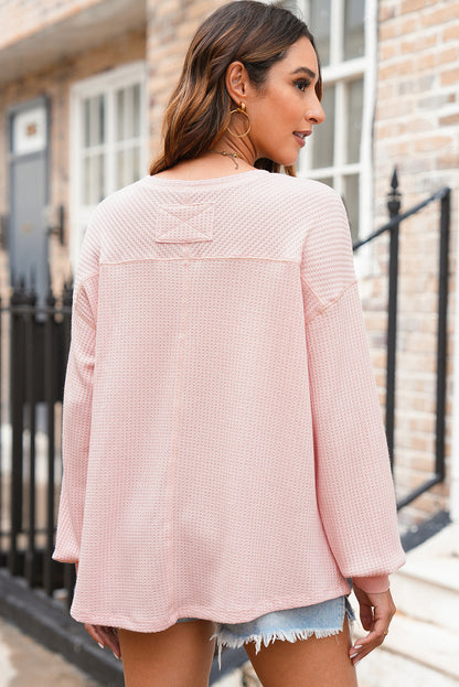 Waffle V Neck Long Sleeve Drop Shoulder Loose Blouse | Light Pink