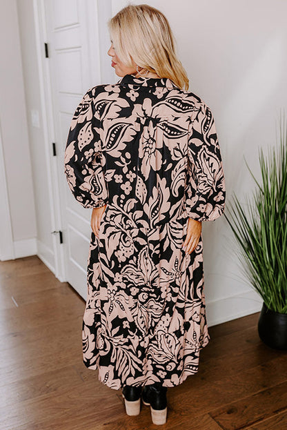 Plus Size Floral Printed Puff Sleeve Collared Maxi Dress | Black