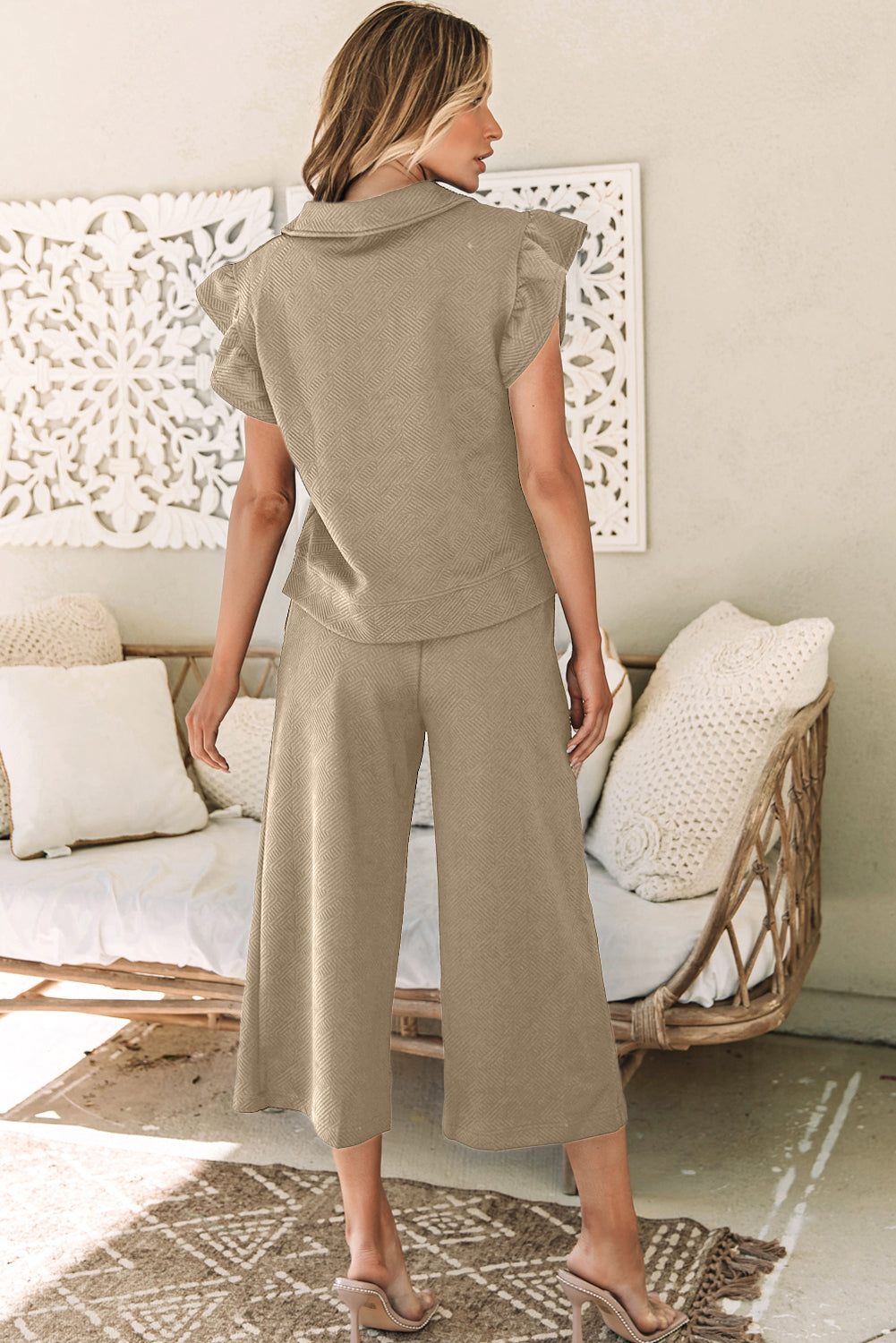 Textured Flutter Sleeve Top Wide Leg Pants Set | Pale Khaki