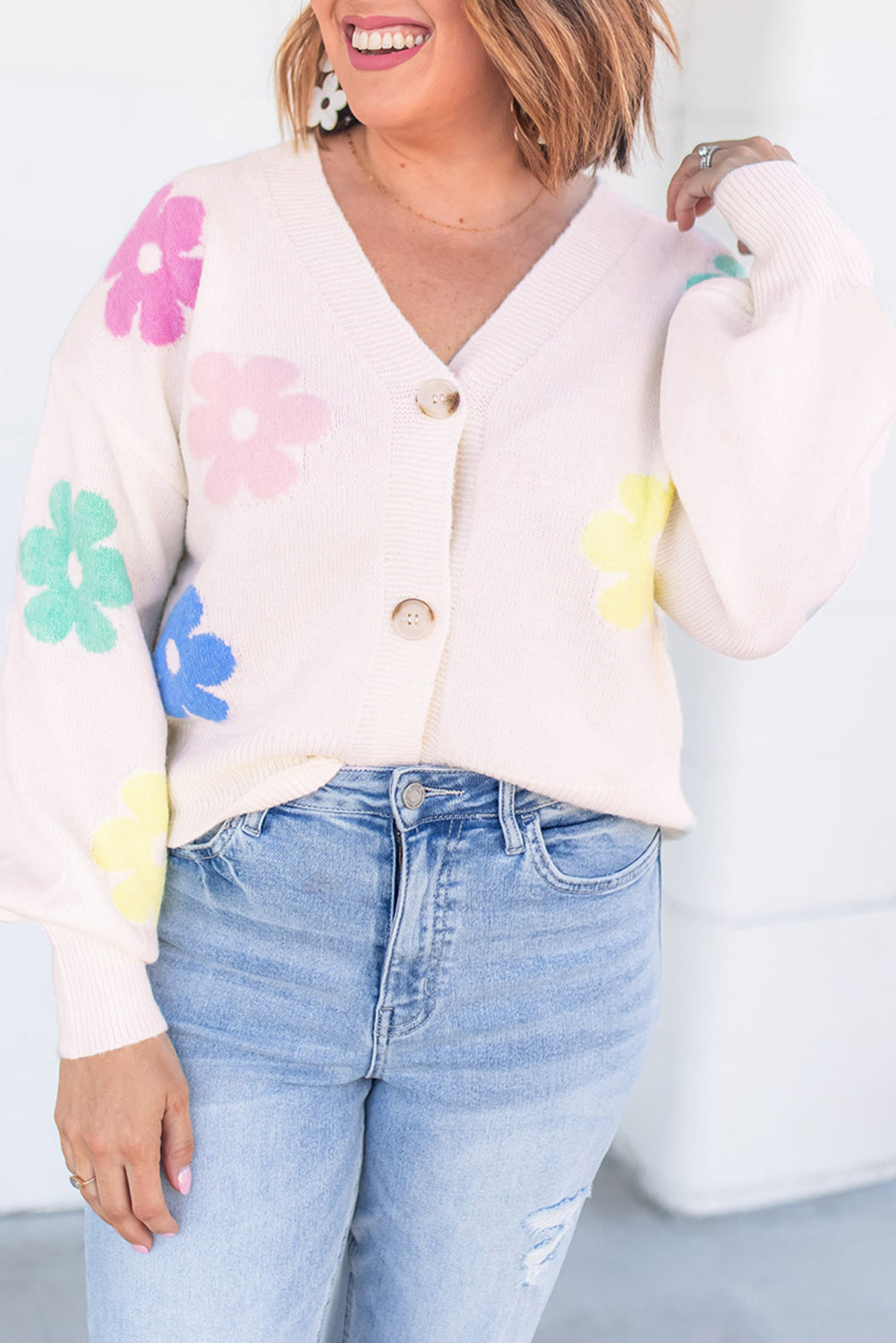 Floral Pattern V Neck Buttoned Plus Size Cardigan | Beige