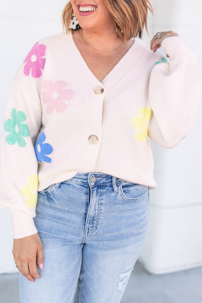 Floral Pattern V Neck Buttoned Plus Size Cardigan | Beige