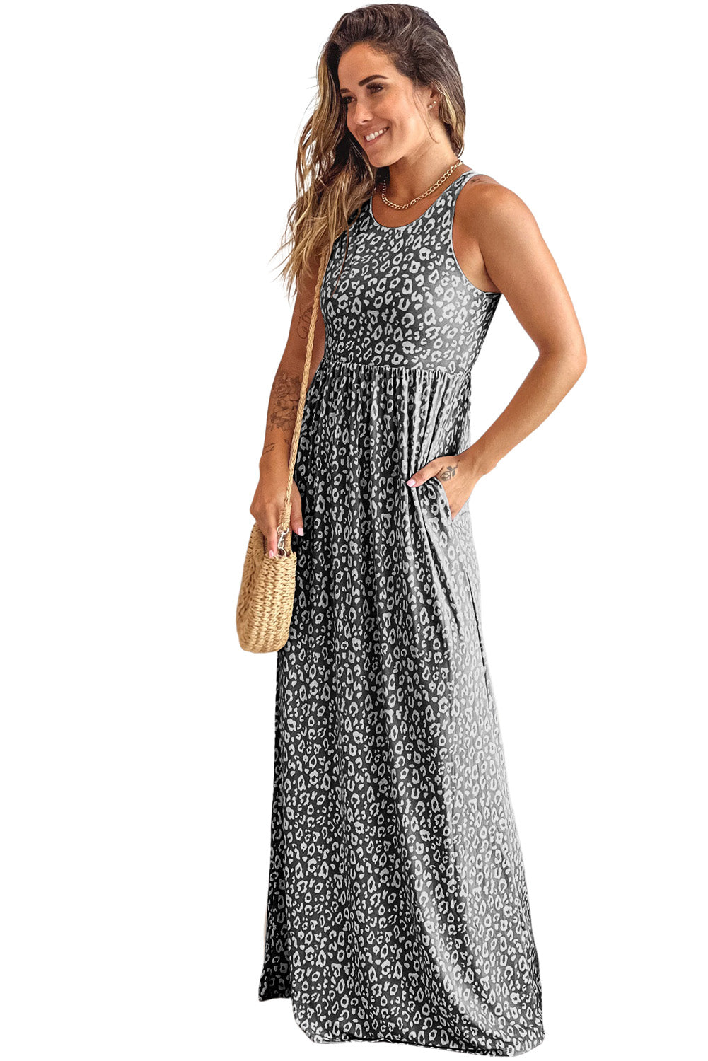 Leopard Print Pocketed Sleeveless Maxi Dress | Gray