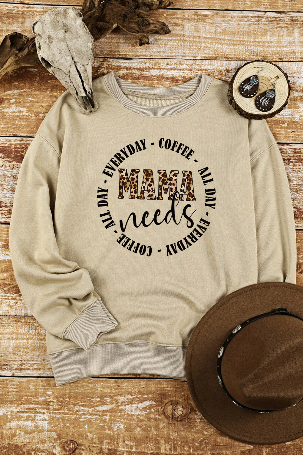 Mama Needs All Day Everyday Letters Graphic Sweatshirt | Khaki