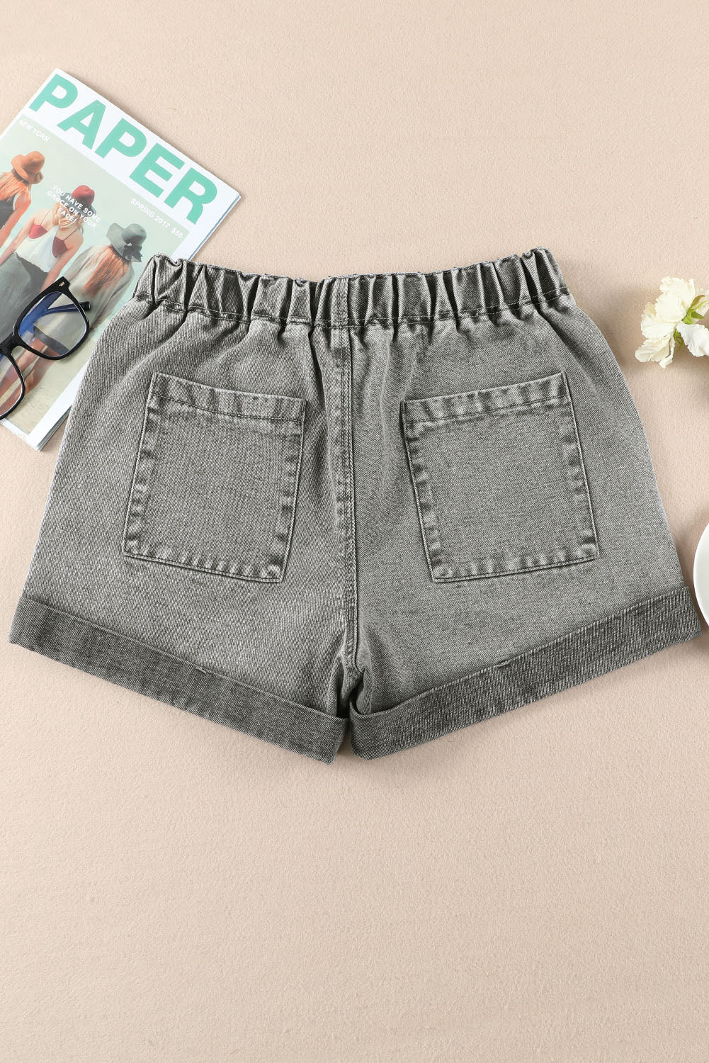 Pocketed Drawstring High Waist Denim Shorts | Gray