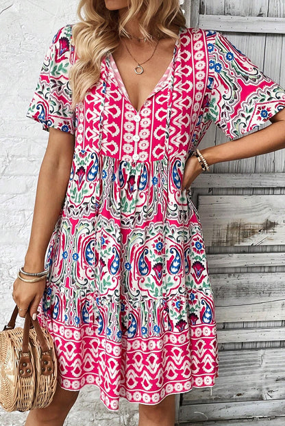 Bohemian Print Tie Neck Ruffle Hem Short Dress | Pink