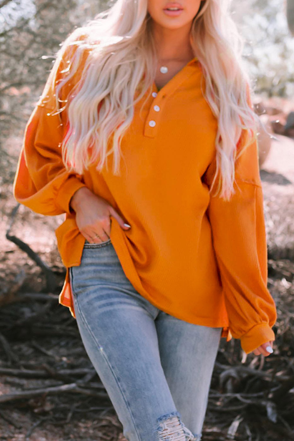 Buttoned V Neck Drop Shoulder Waffle Knit Top | Orange