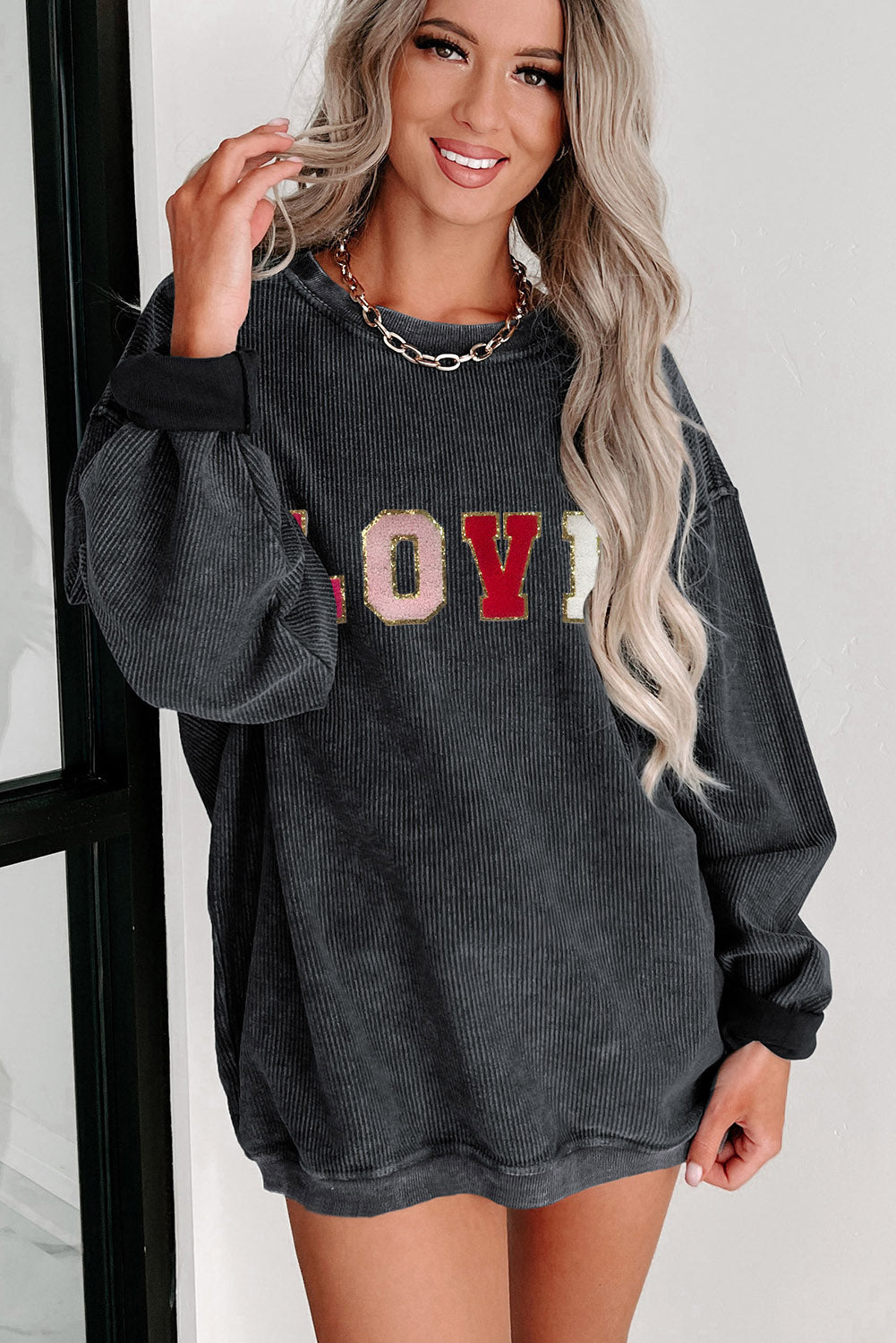 Sequin Love Chenille Embroidered Graphic Corded Sweatshirt | Black