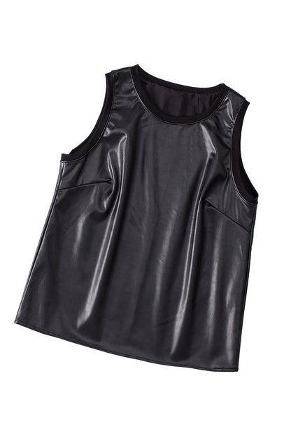 Faux Leather Crew Neck Tank Top | Black