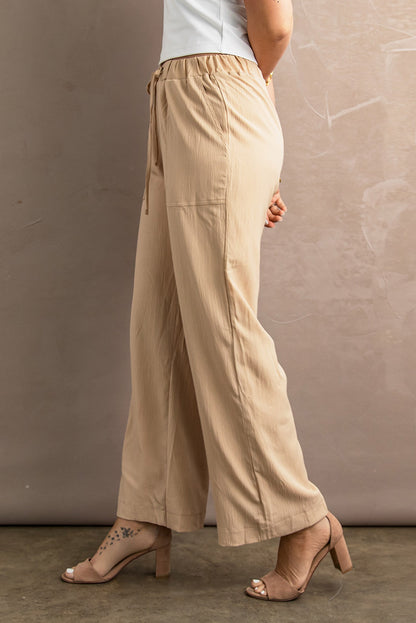 Drawstring Waist Crinkled Wide Leg Pants | Khaki