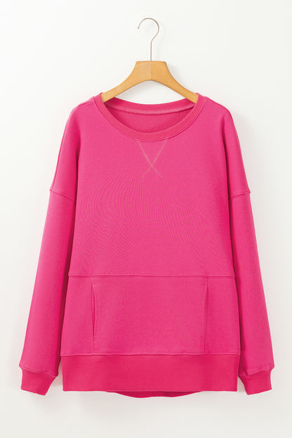 Drop Shoulder Crisscross Stitching Pocketed Loose Sweatshirt | Rose Red