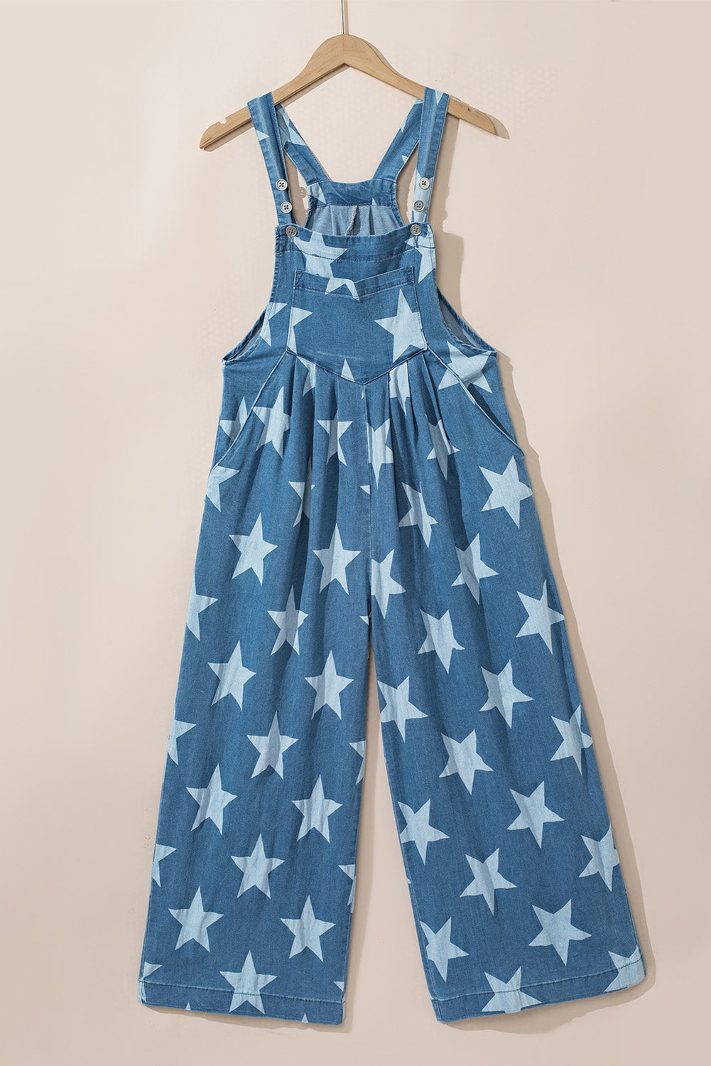 Star Print Buttoned Strap Pleat Wide Leg Denim Overall | White